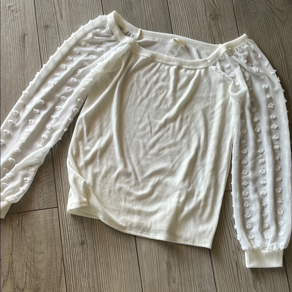 White Off-Shoulder Top with Sheer Sleeves. Cute floral  detail on sleeves